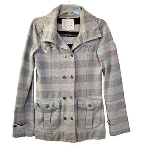 Anthropologie Tildon Gray Stripe Knit Double Breasted Utility Pea Coat Jacket M